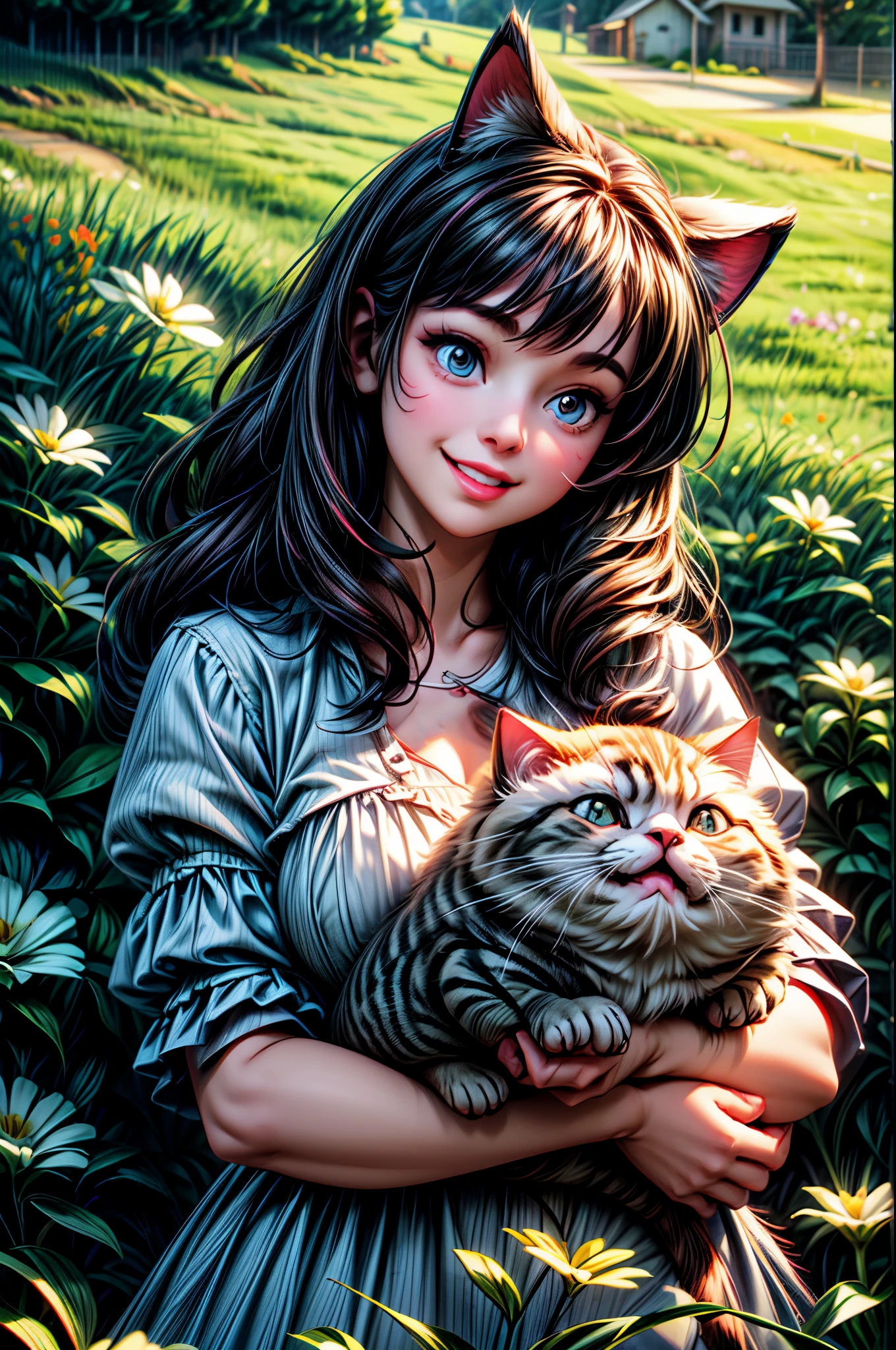 a fat cute cat, holding gift in hands, candys, smile, in backyard, grass, flowers, summer, cute and funny, illustration, masterpiece, fulcolor, dark noir, muffled light, realistic, soft shadows, best quality, hyper detailed, 4k.