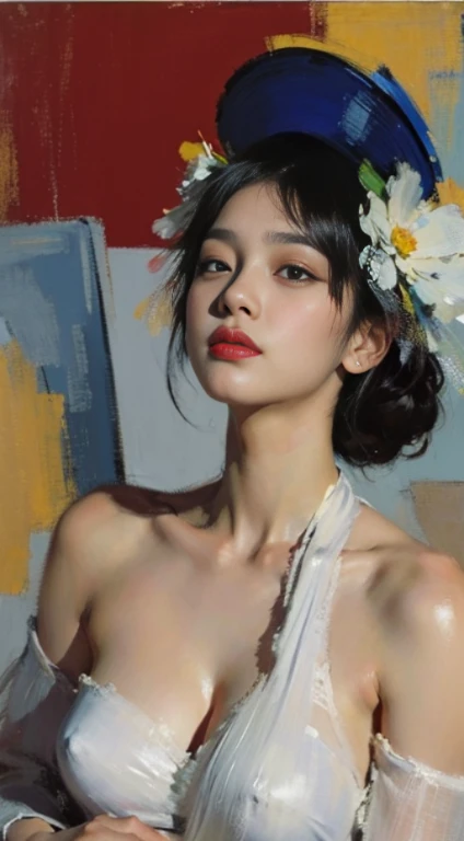 a close up of a woman with a flower crown on her head, asian features, jinyoung shin, inspired by Yanjun Cheng, traditional art, korean artist, gorgeous chinese model, yanjun chengt, fanart, by Ni Tian, beautiful south korean woman, official artwork, by Wu Bin, wenfei ye, popular south korean makeup, a young asian woman absolutely abstract Retro vintage art print, sexy, glamorous pin-up girl wearing a sailors hat, bikini, A painting of a woman wife ((golden ratio}} laying on the sofa after a long night on the town, a painting, a Beautiful expressive painting, malcolm liepke painting, glossy painting, beautiful digital painting, digital art painting, Fine paintings, monochromatic. malcolm liepke oil painting, impressionist painting.Spread your legs apart, beautiful and delicate face, fair skin