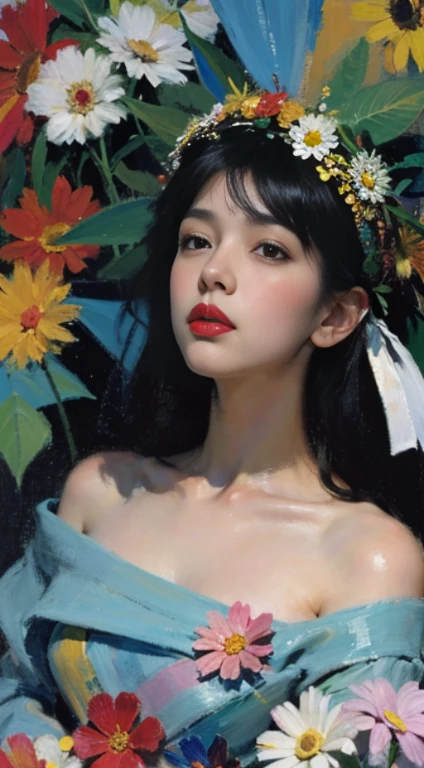 un primer plano de una mujer con una corona de flores en la cabeza, asian features, jinyoung shin, inspired by Yanjun Cheng, arte tradicional, artista coreano, Preciosa modelo china, Yanjun Chengt, fanart, por Ni Tian, Hermosa mujer surcoreana, Arte oficial, por Wu Bin, Wenfei Ye, maquillaje popular de corea del sur, Una joven asiática absolutamente abstracta. Impresión de arte retro vintage., sexy, Chica pin-up glamorosa con sombrero de marinero, bikini, Una pintura de una mujer esposa. ((proporción áurea}} tumbado en el sofá después de una larga noche en la ciudad, una pintura, una hermosa pintura expresiva, pintura de malcolm liepke, pintura brillante, hermosa pintura digital, pintura de arte digital, Bellas pinturas, monocromo. Pintura al óleo de Malcolm Liepke., pintura impresionista.Separa las piernas, rostro hermoso y delicado, piel blanca