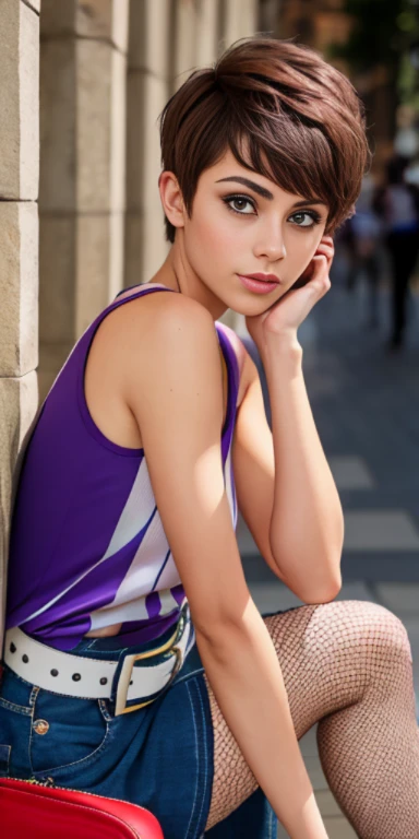 Photo of a 17-year-old European girl, .RAW, beautiful woman,pecas en mejillas ,hermosos  ojos azules(Light brown hair pixie haircut),corte de cabello pixie ((retrato)), ((Cara detallada:1.2)), ((Detailed facial features)), (Piel finamente detallada), Pale skin,parque, Noria de Londres、Purple sleeveless t-shirt with skull image ,senos grandes , Lilac skirt with checkered images, Loose white belt, Long boots with heels ,lindo maquillaje, Purple eyeshadows on eyelids ,Un sexy(cool color), humid, humid, Reflectores, (Masutepiece) (proporciones perfectas)(fotos realistas)(La mejor calidad) (Detallado) fotografiado con una EOS R5 de Canon, Lente de 50 mm, f/2.8, NffSW, (8k) (papel tapiz) (cinematic lighting) (Dramatic lighting) (foco nítido) (Enrevesado) moda