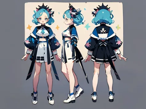 ((Masterpiece)),(((Best Quality))),(Character design sheet, same character, front, side, backboollustartion, 1 girl, multiple hair colors, side bangs, Environment change scene, hairstyle of fax, Pose Zitai, The woman, modern harajuku fashion, style of, fas...