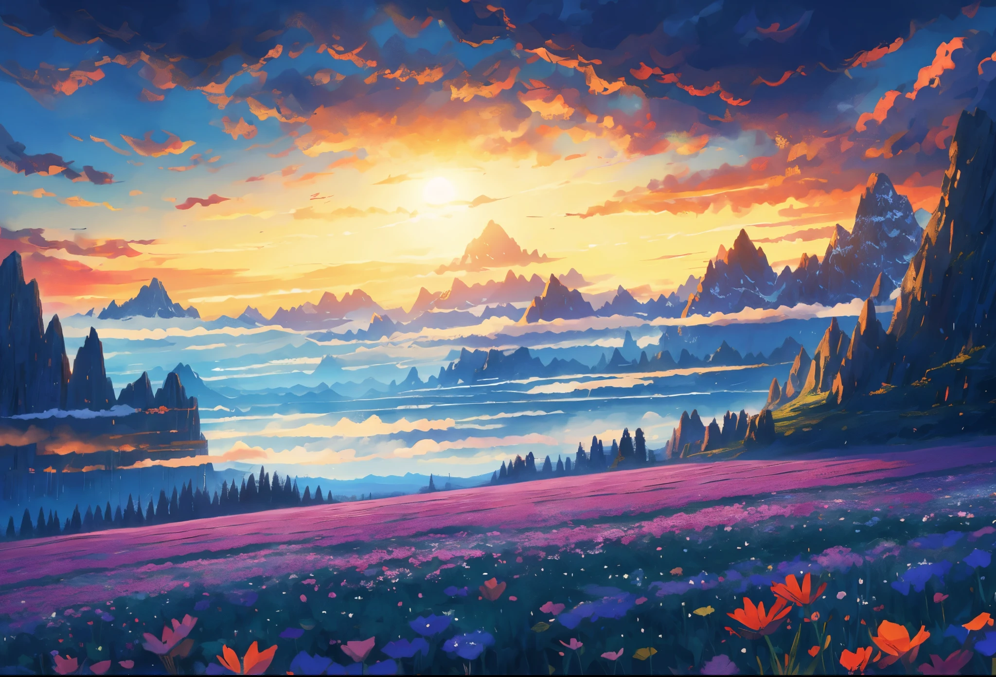 Belo campo de flores com montanha ao longe, iluminação dramática, composição épica, ângulo amplo, por Miyazaki, Nausicaa Ghibli