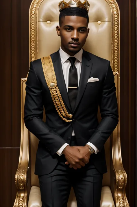 brown skin man,physically well built, sitting on throne,crown,very short hair fade,black business attire