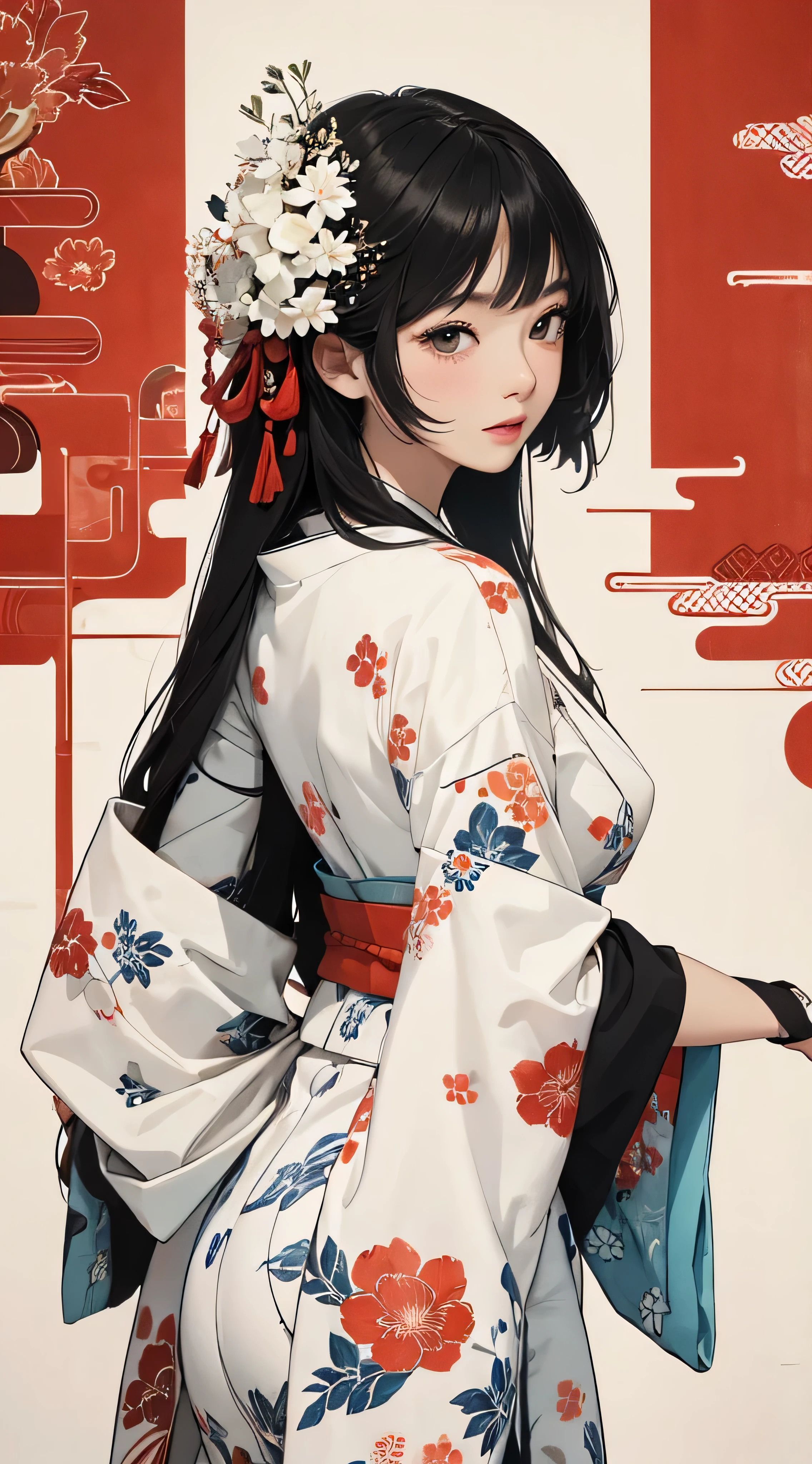 ((8k wallpaper of extremely detailed CG unit, ​masterpiece, hight resolution, top-quality, top-qualityのリアルテクスチャスキン)), ((a very beautiful woman, Seductive facial expressions, Plump lips, The upper part of the body, Japanese pattern haori, Japanese pattern micro mini shorts)), (messy black hair, de pele branca, Small), ((Colorful background with geometric patterns, Japanese pattern background, Chill, white backgrounid)), Sumi-e, hyper realisitic, digitial painting, concept-art,