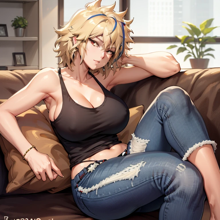 (highres, best quality:1.2), intricate details, vibrant image, sharpness, colorful, bakumilf, solo, mature female, spiky hair, blonde hair, tank top, jeans, sitting on a sofa