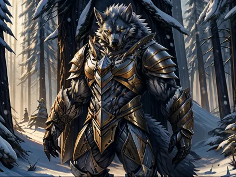 there is a man in armor holding a sword in a snowy forest, wolf armor, husky in shiny armor, wearing intricate fur armor, kitsun...