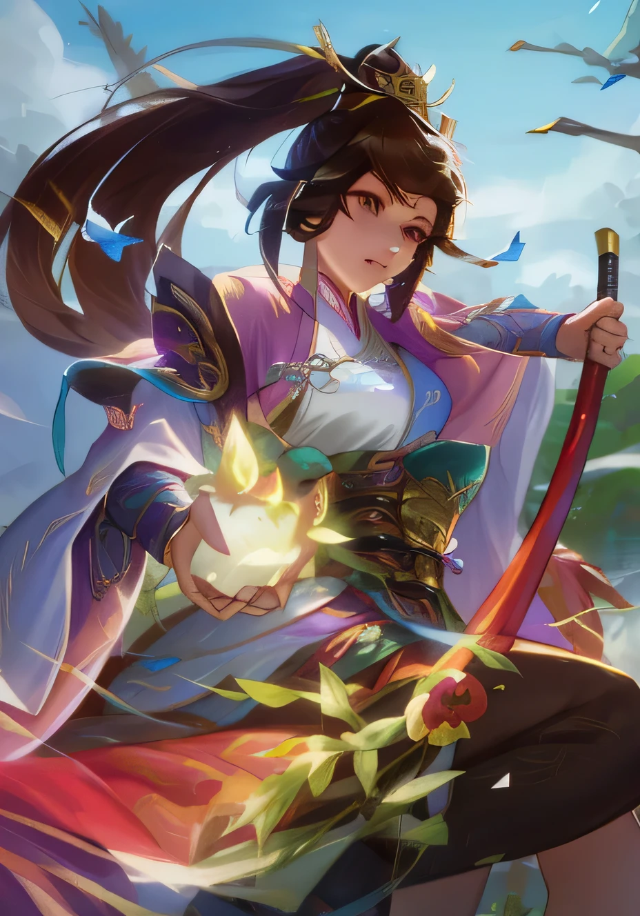 Una mujer sostiene una espada y un pájaro en sus manos., yun ling, Autor：Héroes, Germen artístico muy detallado., zanlatalia, Autor：Leng Mei, xianxia hero, Inspirado por Zhu Lian, Ruan Jia and Artgerm, Artgerm and Ruan Jia, Yang Qi, inspirado en ciruelos, inspirado en lanying