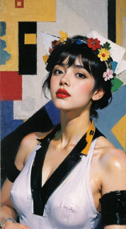 a close up of a woman with a flower crown on her head, asian features, jinyoung shin, inspired by Yanjun Cheng, traditional art, korean artist, gorgeous chinese model, yanjun chengt, fanart, by Ni Tian, beautiful south korean woman, official artwork, by Wu Bin, wenfei ye, popular south korean makeup, a young asian woman absolutely abstract Retro vintage art print, sexy, glamorous pin-up girl wearing a sailors hat, bikini, A painting of a woman wife ((golden ratio}} laying on the sofa after a long night on the town, a painting, a Beautiful expressive painting, malcolm liepke painting, glossy painting, beautiful digital painting, digital art painting, Fine paintings, monochromatic. malcolm liepke oil painting, impressionist painting.Spread your legs apart, beautiful and delicate face, fair skin