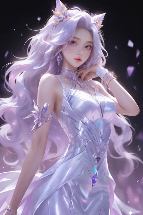 best qualityer， 1girl， kda， 独奏， long whitr hair， white dresses， looking at viewert， The upper part of the body，