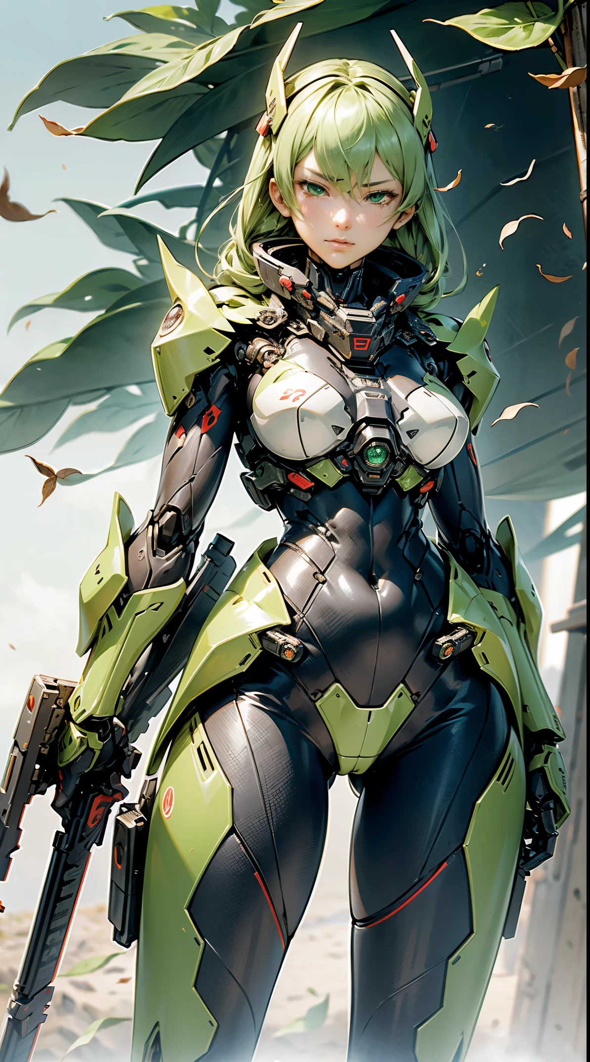 (masutepiece,Extremely detailed, Heavy mechs, hard surface),(concept art:1.1),(Armored Core Style:0.8), A woman wearing ninja robo armor is standing,(light green body:1.1),(long legged:1.1),(equipped with a gun:1.1),(A detailed eye:1.3),(A detailed face:1.3),(Detailed weapons:1.3),(Detailed body:1.3),((full bodyesbian:1.5)),(In the background, leaves are scattered by the wind.:1.5),逼真