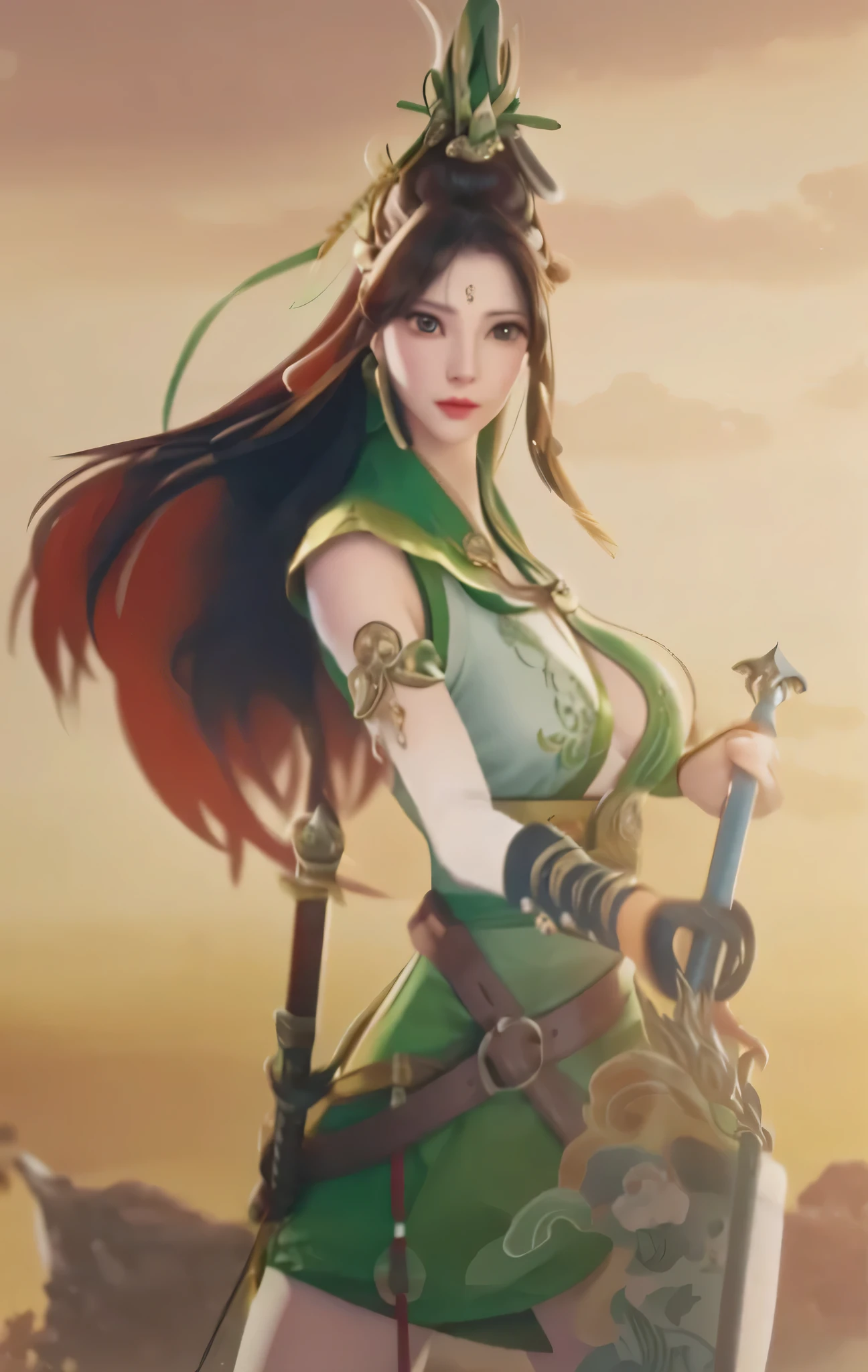 a man in green clothes、Close-up of woman holding sword, xianxia hero, bian lian, Ruan Jia and Artgerm, Inspired by Du Qiong, Inspired by Zhu Lian, Artgerm and Ruan Jia, guan yu, Inspired by Lan Ying, inspired by Wu Zuoren, Inspired by Li Tang, full-body wuxia