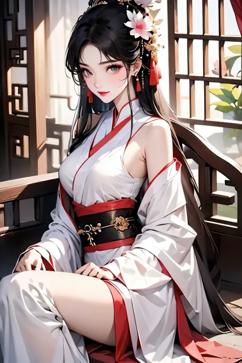 1 girl, 独奏,Chinese clothes，Hanfu，（sweet lippubodyesbian，tmasterpiece, Best quality at best, 8K, 电影灯光, 超高分辨率,, hair adornments,, ...