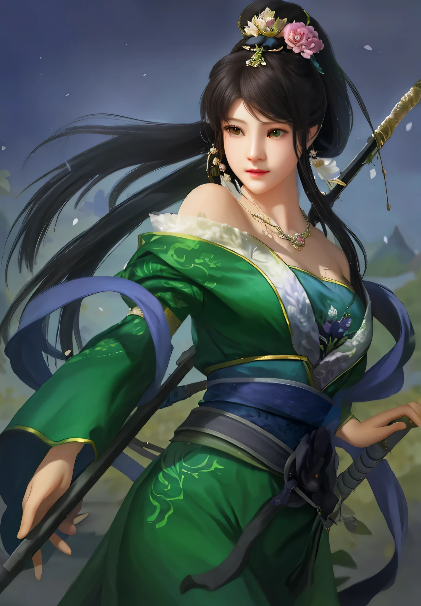 A woman in green holds a sword and flowers, inspired by plum trees, Inspired by Shen Zhou, Inspired by Wu Li, Inspired by Du Qiong, Belle peinture de personnage, inspired by Wu Zuoren, Inspired by Li Tang, Artgerm and Ruan Jia, Inspired by Zhu Lian, Inspired by Lan Ying, inspired by Zhang Wo