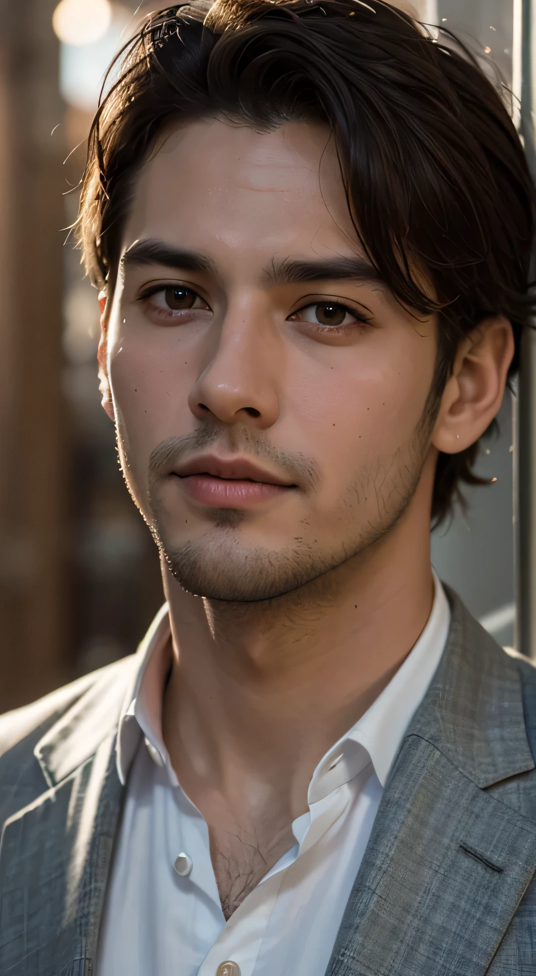 Portrait film look d&#39;un bel homme de 30 ans au visage rond, au dessus de la poitrine