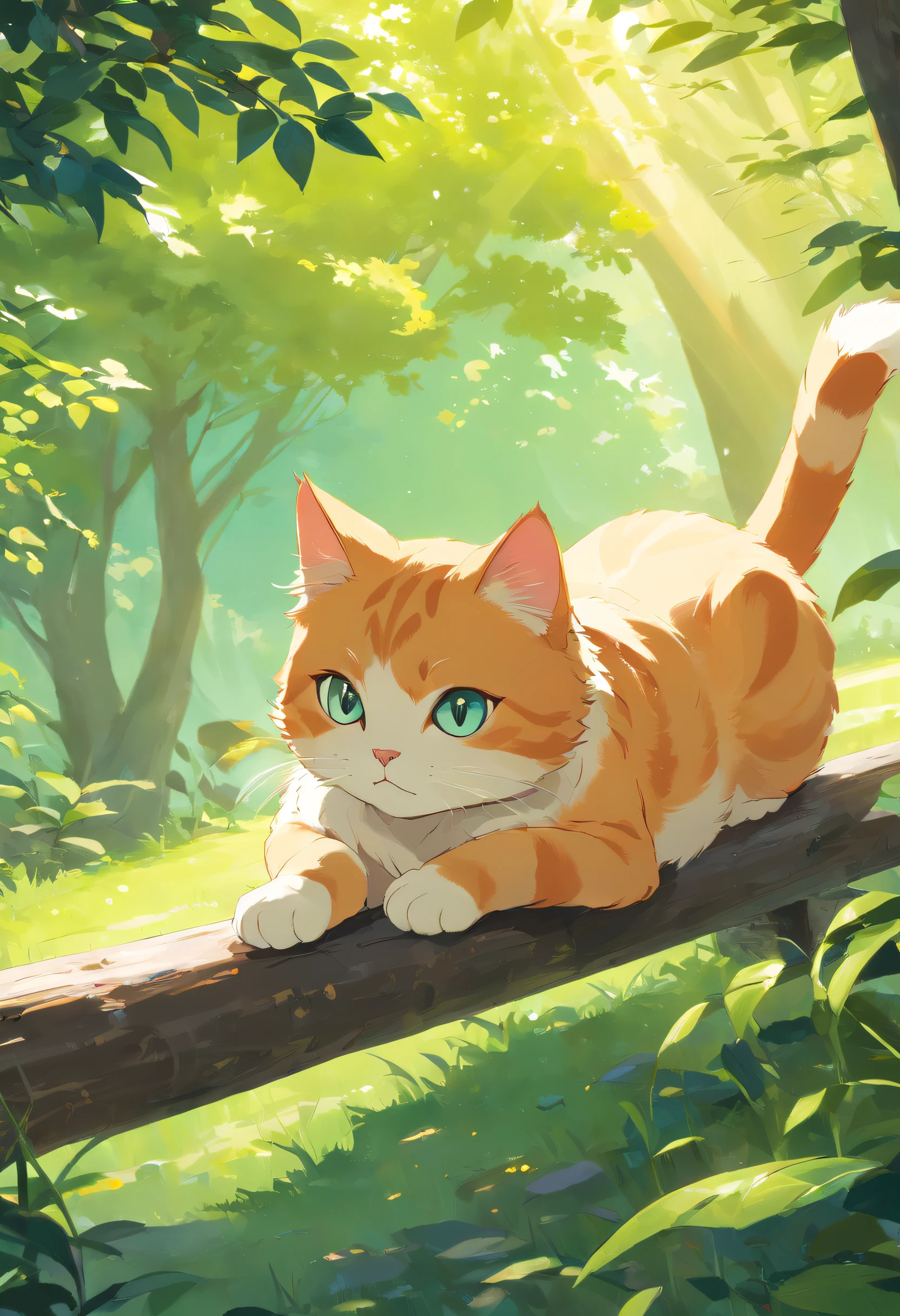 Anime cat sitting on a log in the woods - SeaArt AI