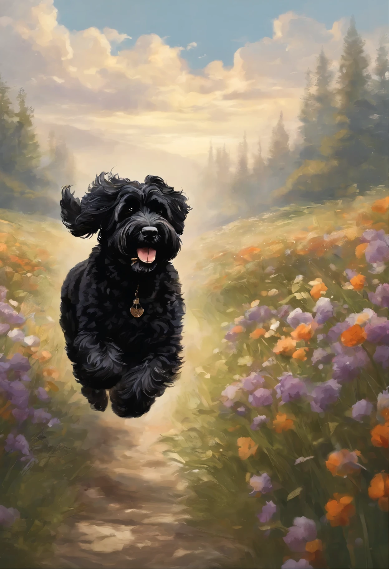 Close-up of Black Russian Terrier, Color (Black) runs a race with the  clouds, Русский черный терьер runs a race with the clouds, fluffy clouds,  casimir art - SeaArt AI