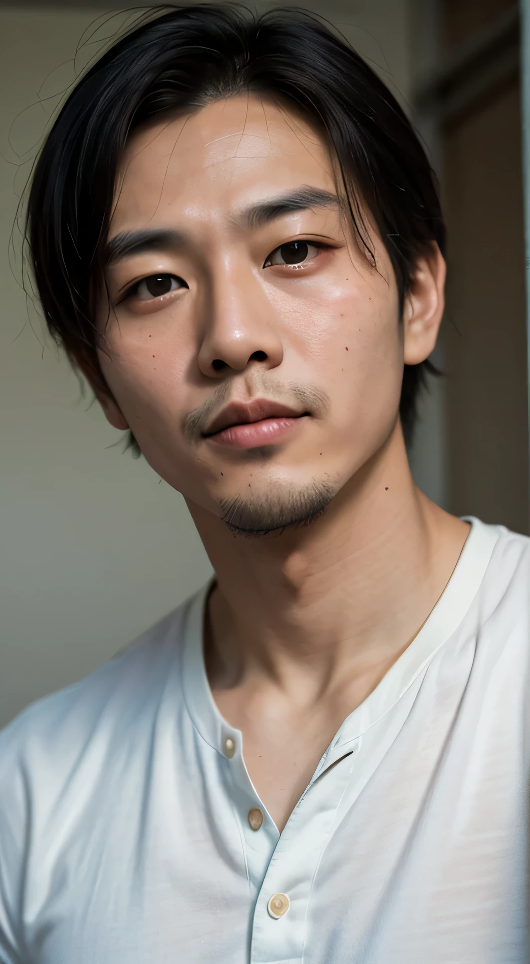 30 Jahre alter, rundes Gesicht, hübscher asiatischer Mann, Porträt, Film-Look, Über der Brust
