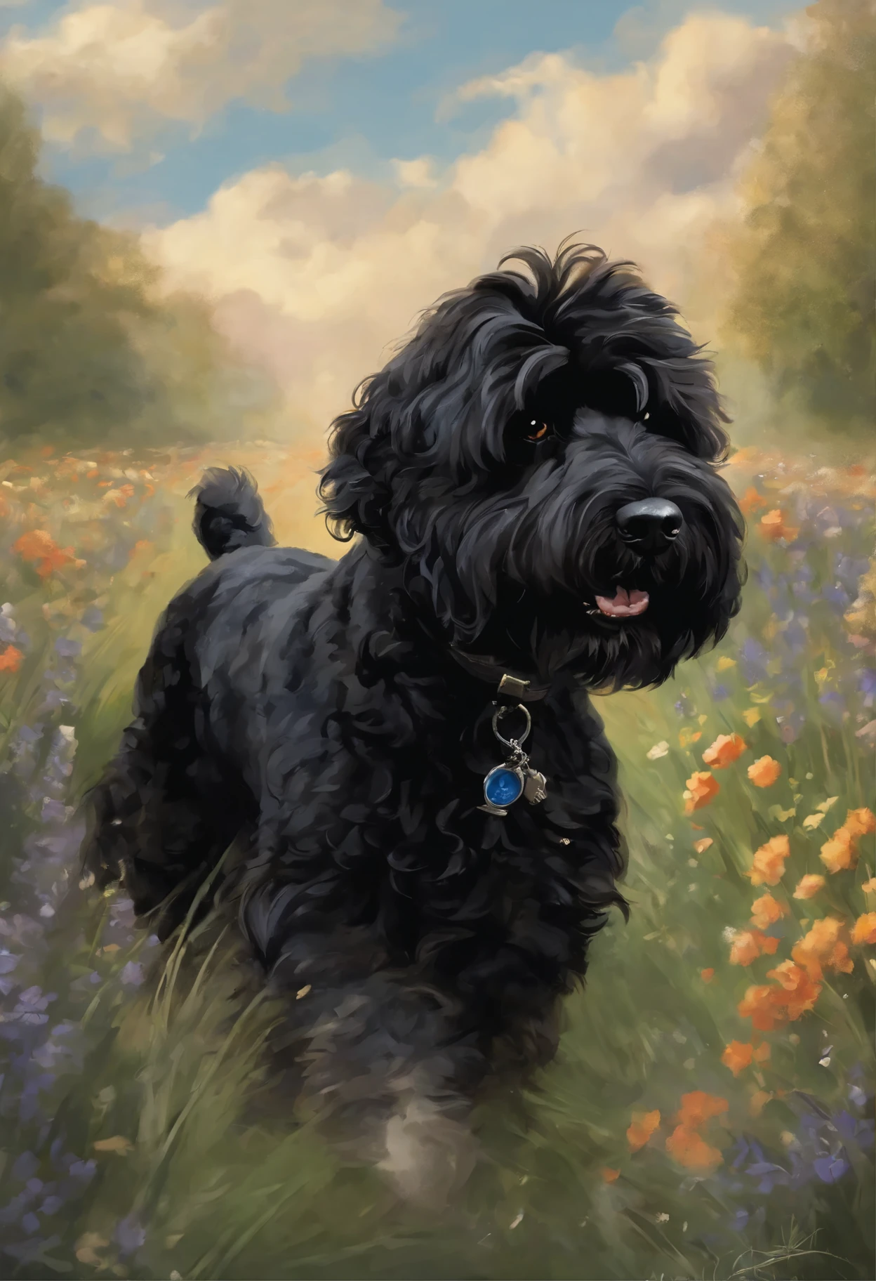 Close-up of Black Russian Terrier, Color (Black) runs a race with the  clouds, Русский черный терьер runs a race with the clouds, fluffy clouds,  casimir art - SeaArt AI