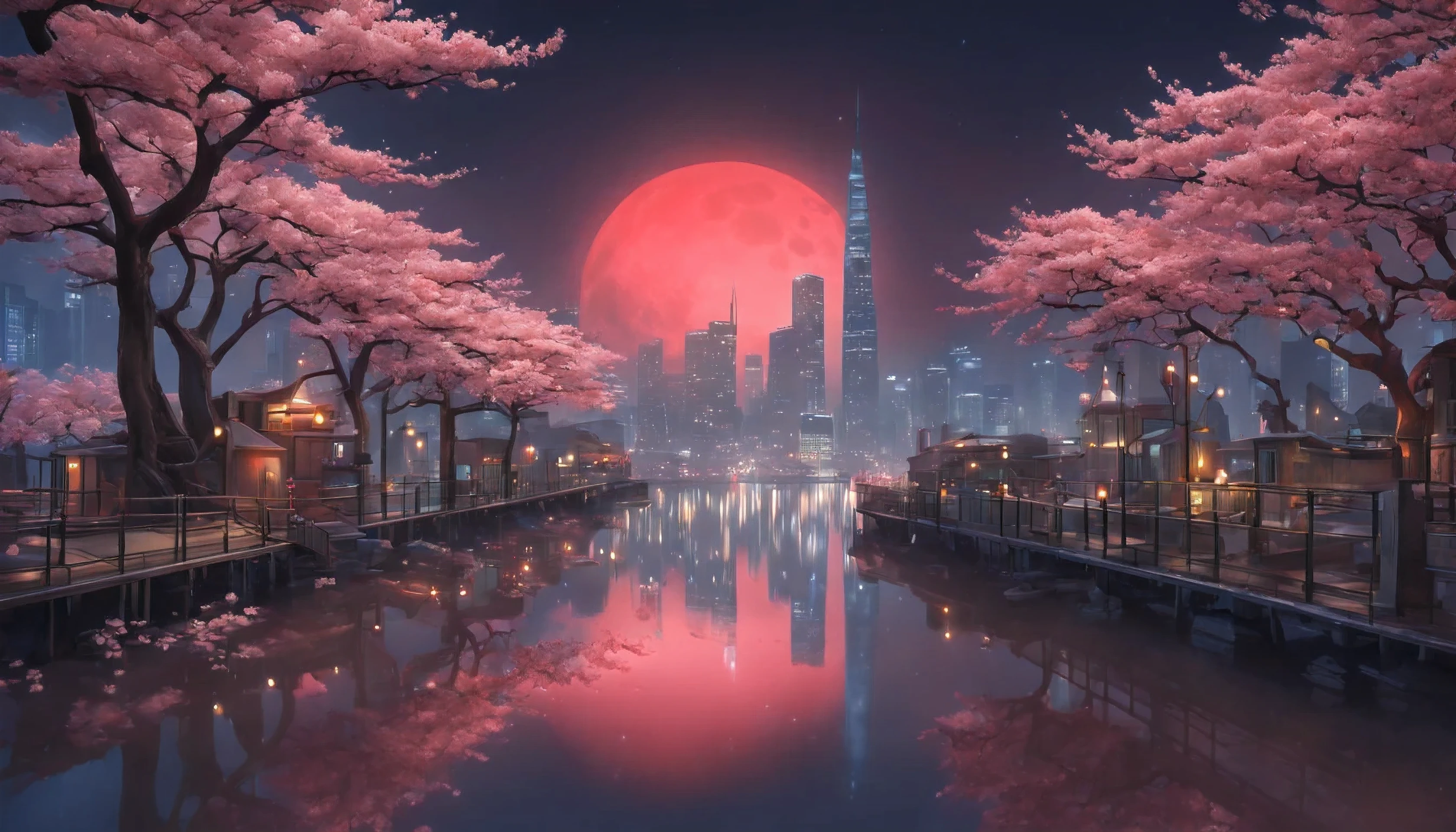 (Masterpiece in maximum 16K resolution), the best quality, (very detailed CG unity 16k wallpaper quality),(Soft colors 16k highly detailed digital art),Super Detailed. | Stunning reflections, the best reflections ever, (glow), (particle effects), Isometric 3D, Octane Rendering, Ray Traced. | a large City waterfront, a red full moon night,(((a sakura flower tree in the corner of the image))), The flower of this tree appear red, , The mysterious atmosphere of city night art, great environment, subtly illuminate, city night art behance,Surreal.