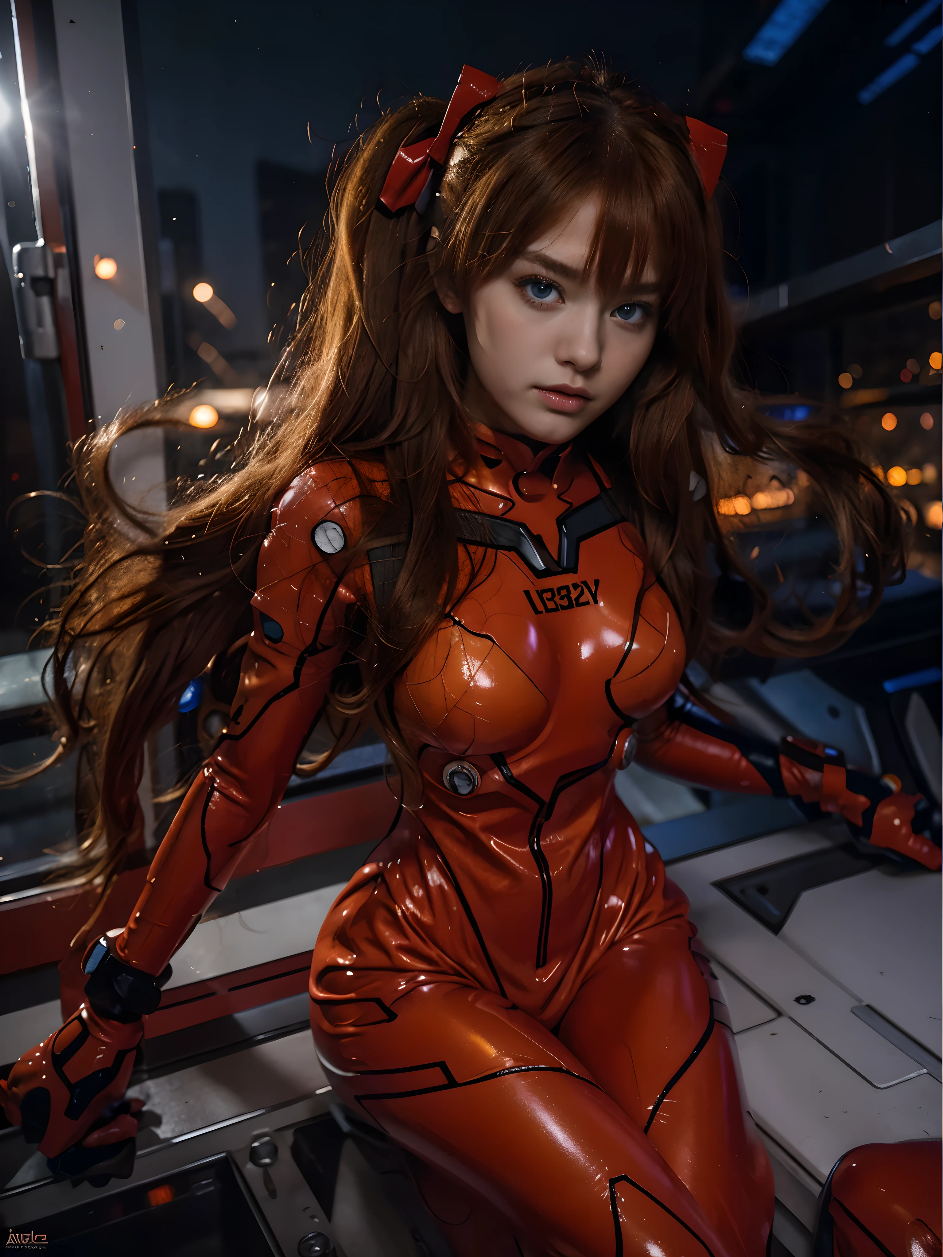 (best quality), high resolution, Asuka Langley Soryu, Beautiful Pretty Mixed German Babe, ((Beautiful face)), sexy lips, busty body, Gingers Twin tails headband long Hair, intense gaze, dark blue detailed beautiful eyes, combine realism and anime influence, full red plugsuit, earth as background, asuka langley plugsuit