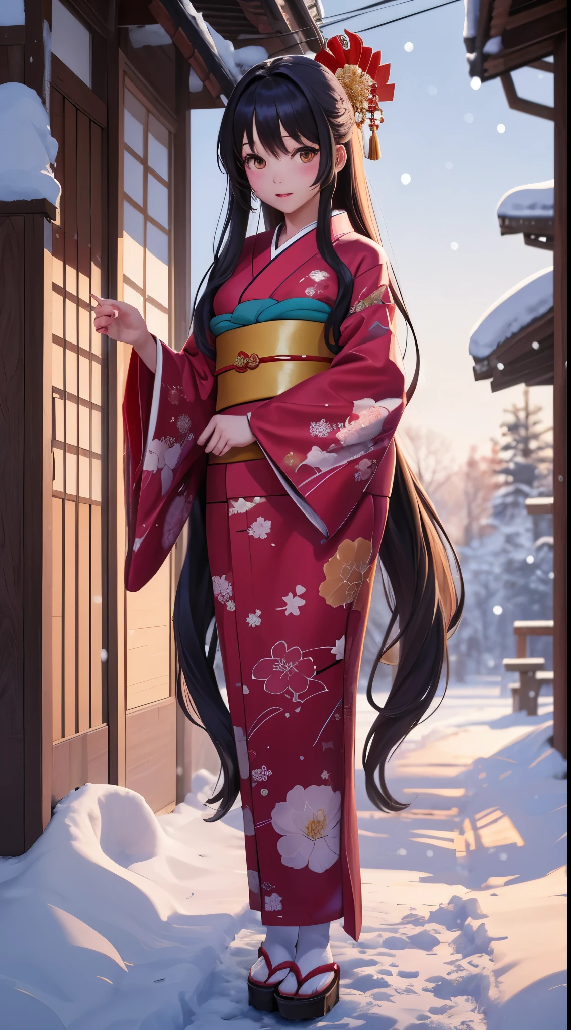 테이블 탑, 최고의 품질, 1명의 소녀, 아주 긴 머리, 새해 기모노, 그것은 눈이오고、윈터스