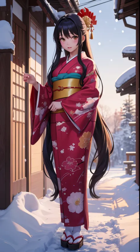 masutepiece, Best Quality, 1girl in, Very long hair, new year kimono, It's snowing、Winters