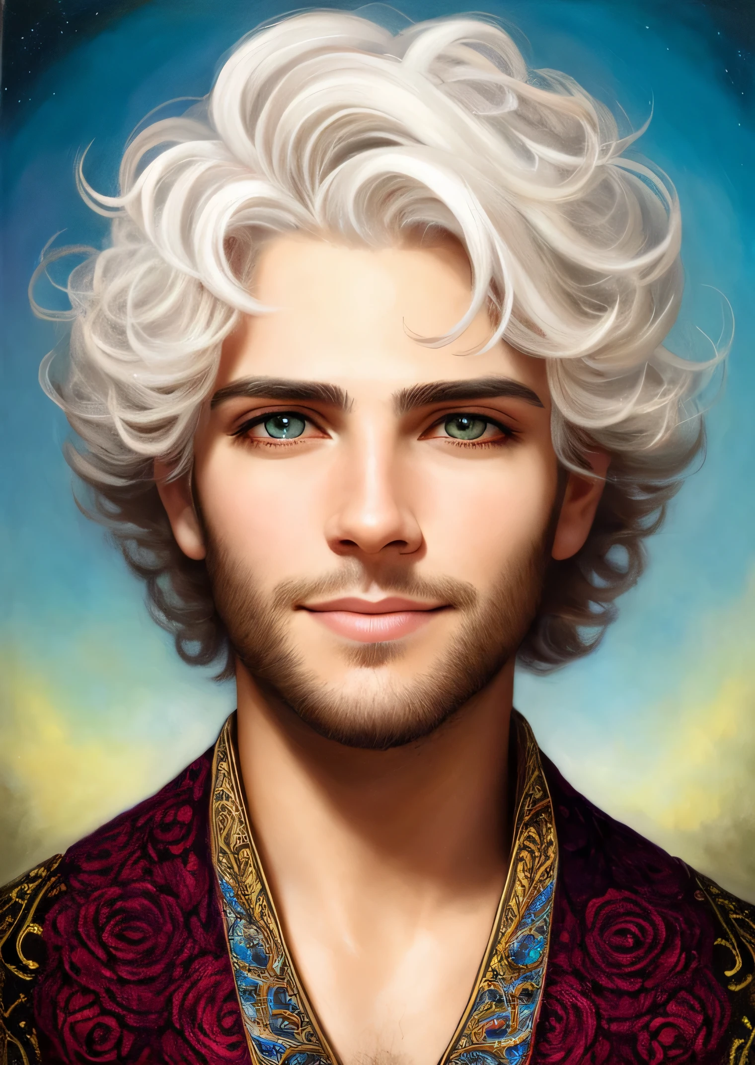 Handsome guy in oil painting style，cheerful，Elaborate Eyes，Round pupils，Short gray hair，Long sleeve lower headband，intricate hair details，rose background，4K，Extremely colorful，Fantasy magic，texture on clothes，glowworm，