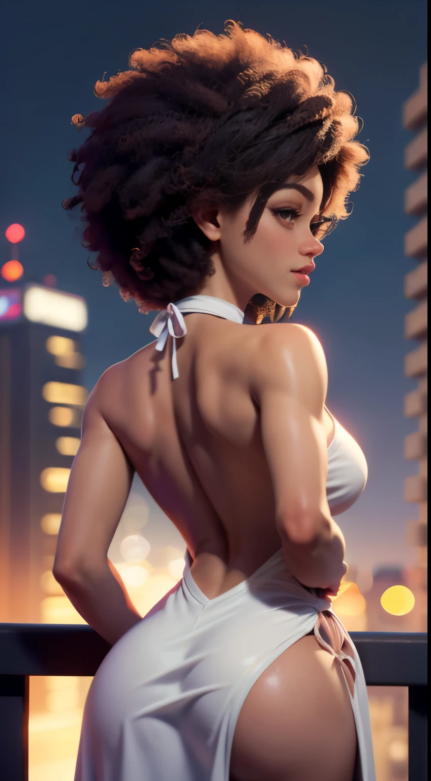 photo of Stormi Maya, RAW, beautiful woman, ((portrait)), ((detailed face:1.2)), (dark afro:1.25), ((detailed facial feature, detailed dark skin, clear skin), (perfect proportioned body), (arched back, Appearance from behind:1.7), (wearing a colorful dress) (high detailed city environment, apartment balcony), (realistic photo, best quality, detailed), (8k wallpaper), (cinematic lighting, dramatic lighting) (sharp focus, intricate)