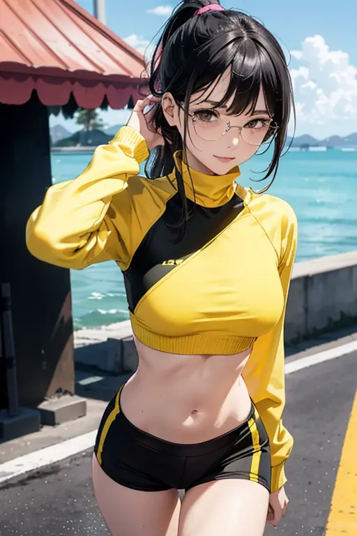 (Jogging by the sea 1.5), 1 beautiful girl, 17 Years Old, high detail face, long hair in a ponytail,,, bangs, ((eyeglasses)), Na...