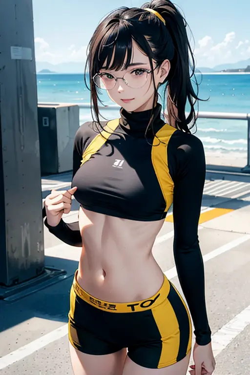 (Jogging by the sea 1.5), 1 beautiful girl, 17 Years Old, high detail face, long hair in a ponytail,,,, bangs, ((eyeglasses)), N...