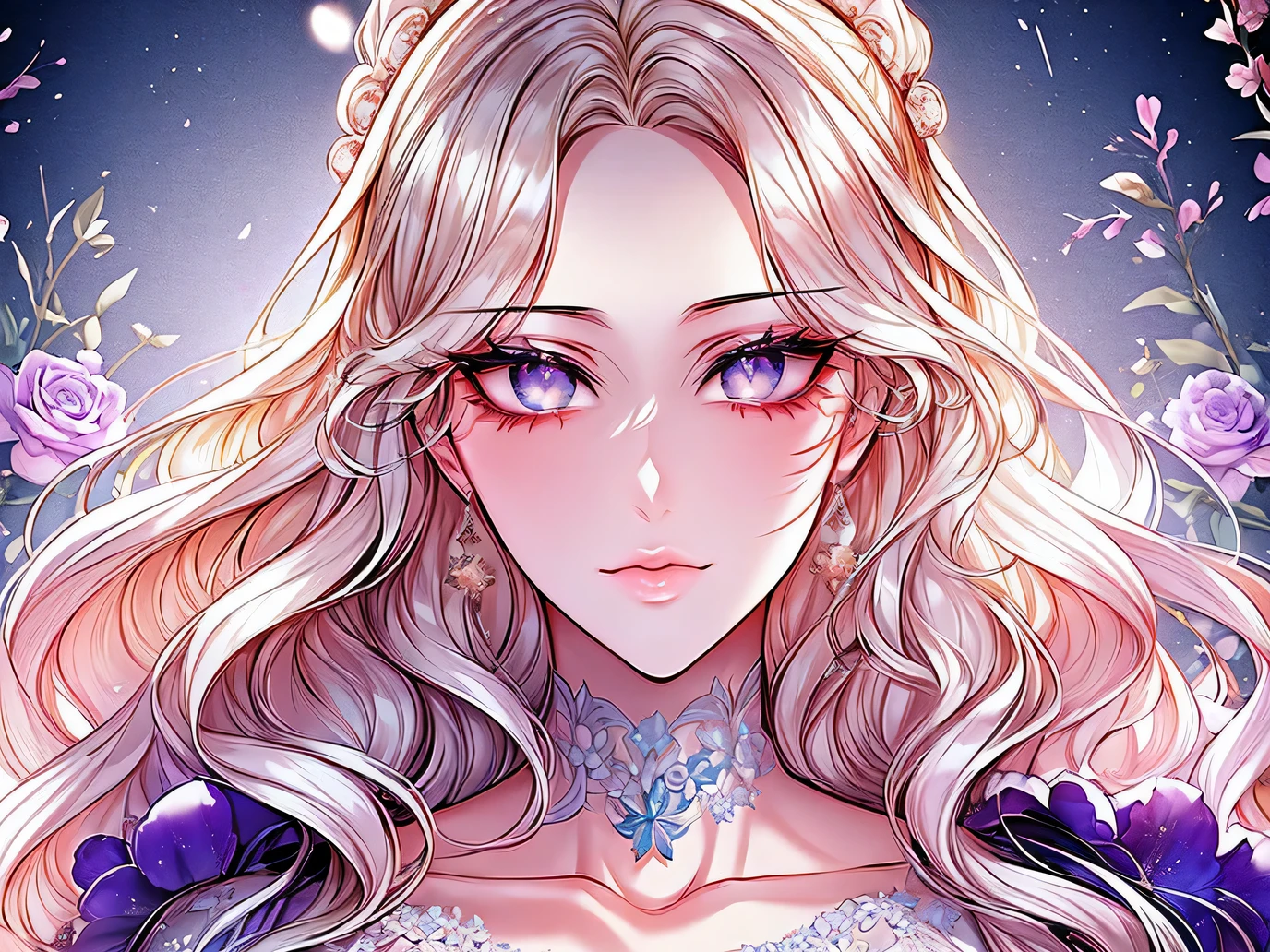((shoujo-style, Floral background, Romance Manfa)), (close up), (1girl in:1.2), platinum-blonde-hair, 独奏, Long hair, flower, Dress, Thick eyebrow, blue flower, Wavy Hair, Closed mouth, clavicle, Breast, cleavage, Puffy Sleeve, white Dress, purple Dress, elbow groves, earrings, Necklace, Hair Bow, Face Focus, Beautiful face, Detailed eyes, pupils on, Looking at Viewer