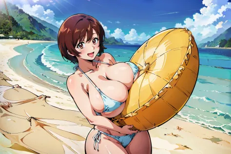 (the beach:1.8),Anime Cell Style, Best Quality, High resolution,(bikini of:1.5), (huge-breasted:1.6), Pleasure, blush,(Happy smile:1.2),Open mouth, ((Full body)), Looking at Viewer, (the beachの), ((Full body)), (Cowboy Shot:1.2)