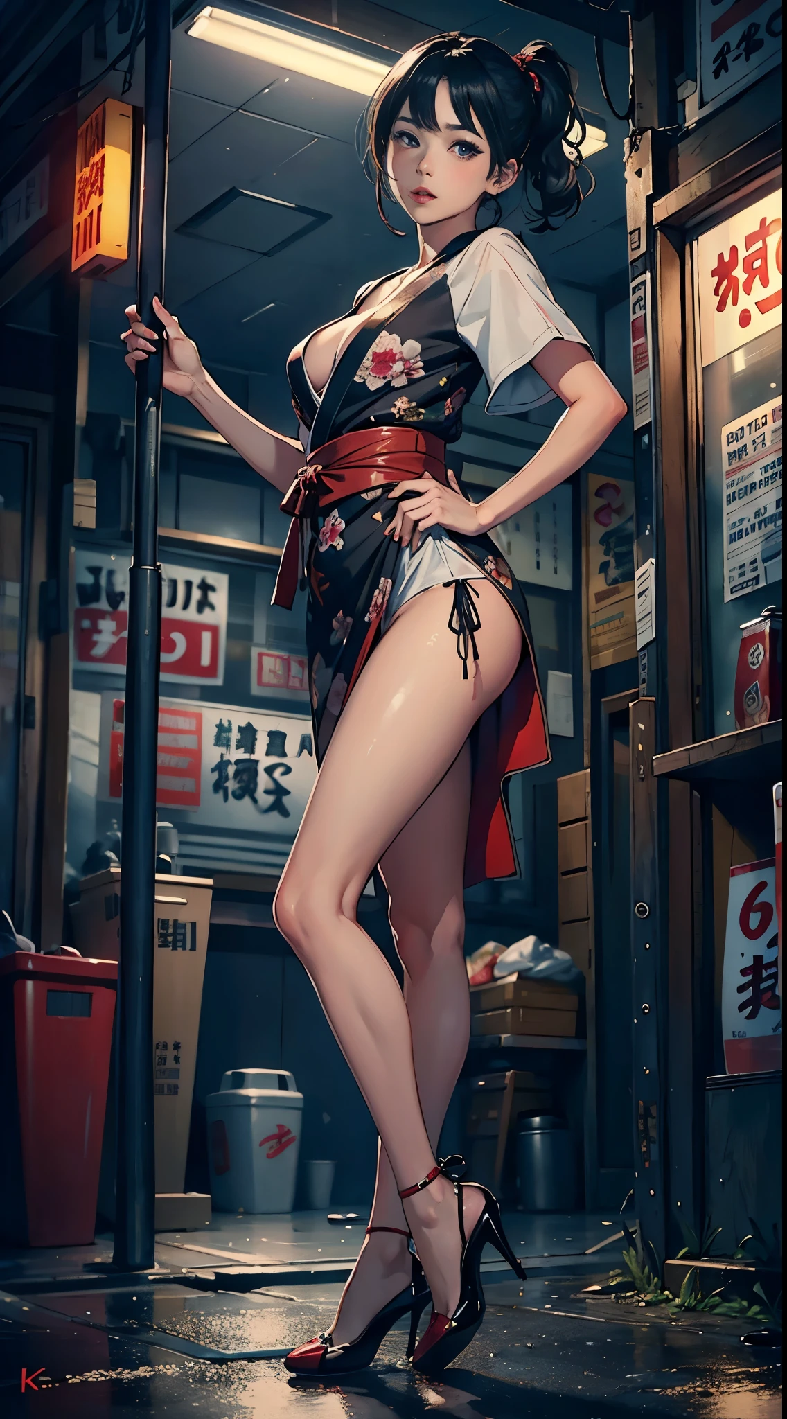 ((Extremely detailed CG unit 8k wallpaper, masterpiece, A high resolution, quality,)), ((one very beautiful woman, of expressions, lush lips, pose like model:1.5,High heel， upper part of body, Japanese style short outer box, Japanese design super lost short sleeves，Japanese patterned robe)), (disheveled black hair, White-skinned, small), ((corner store，the night，Bright street )),