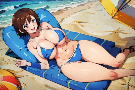 (the beach:1.8),Anime Cell Style, Best Quality, High resolution,(bikini of:1.5), (huge-breasted:1.6), short-hair、Pleasure, blush,(Happy smile:1.2),Open mouth, ((Full body)), Looking at Viewer, (the beachの), ((Full body)), (Cowboy Shot:1.2)
