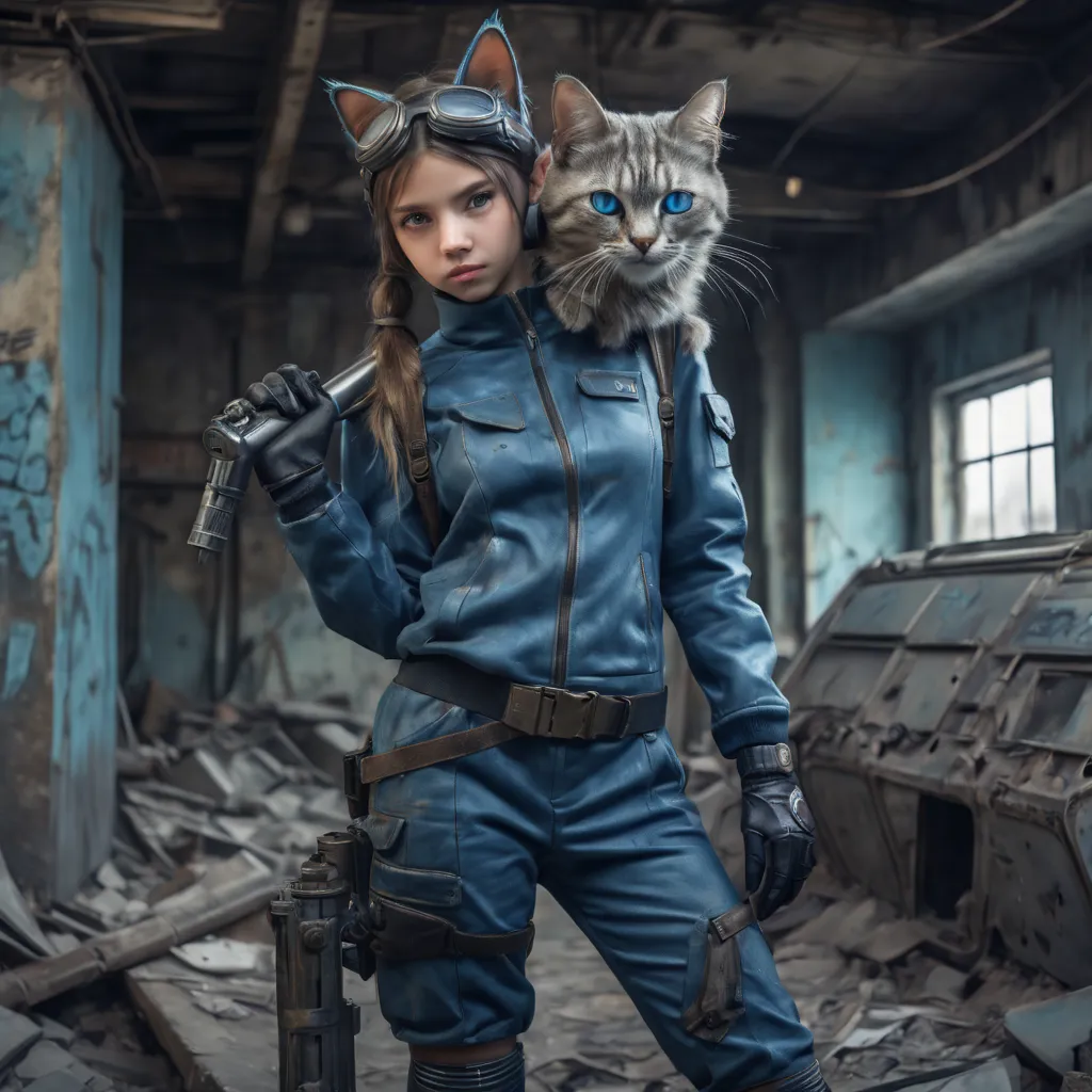 16 year old European girl wearing (vaultsuit with pipboy3000 on wrist) standing in a rundown rusty post apocalyptic steel bunker...