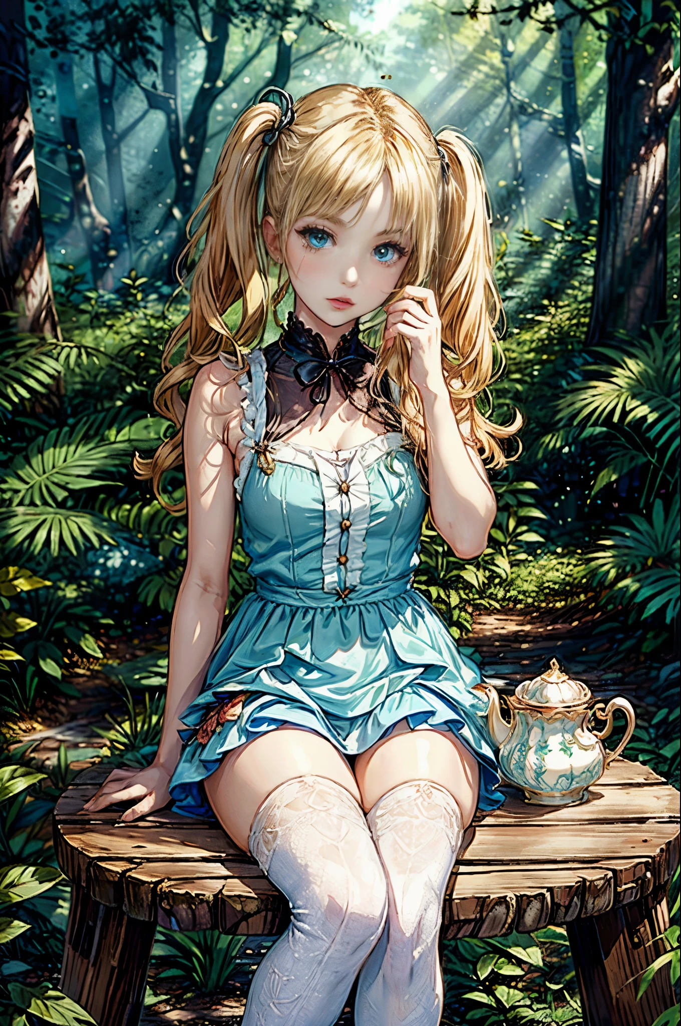 (masterpiece, best quality, fairy tale illustration:1.2), intricate details, 1girl, 25 years old Alice in Wonderland clothes, blue sleeveless dress, skinny, blonde hair, pigtails, blonde pigtails, black and white knee socks, ((sitting at a table in a forest, daytime)), ((drinking tea from a white porcelain cup)), 3/4 view, closeup