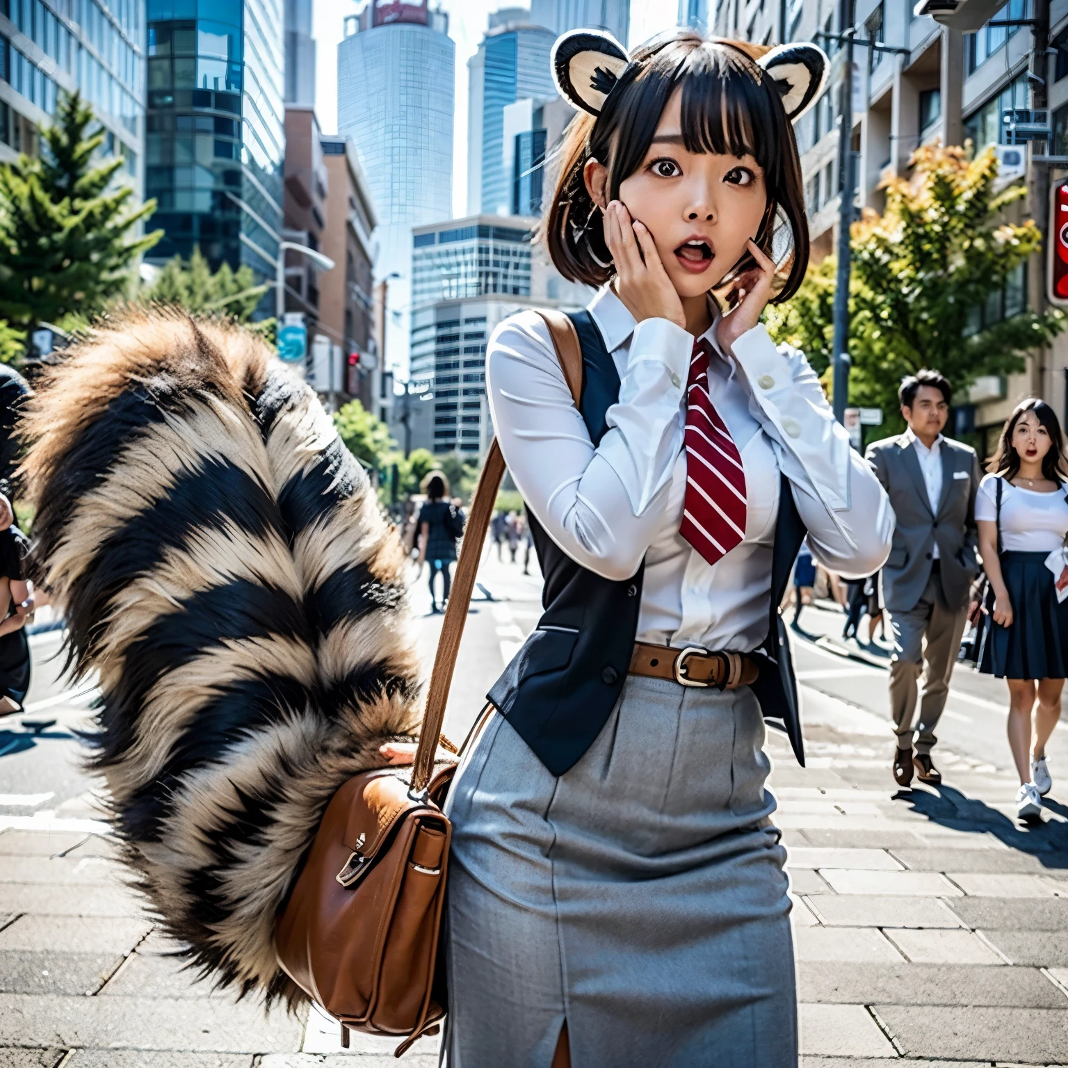 A woman wearing a pleated miniskirt with a raccoon tail, anthropomorphic racoon, けもの, Realistic, a picture, top-quality, Surprised face , Troubled face, Her pleated miniskirt is flipped up and her tail is visible.(1.5) ,Realistic tail, small tits, slender, White panties, tail