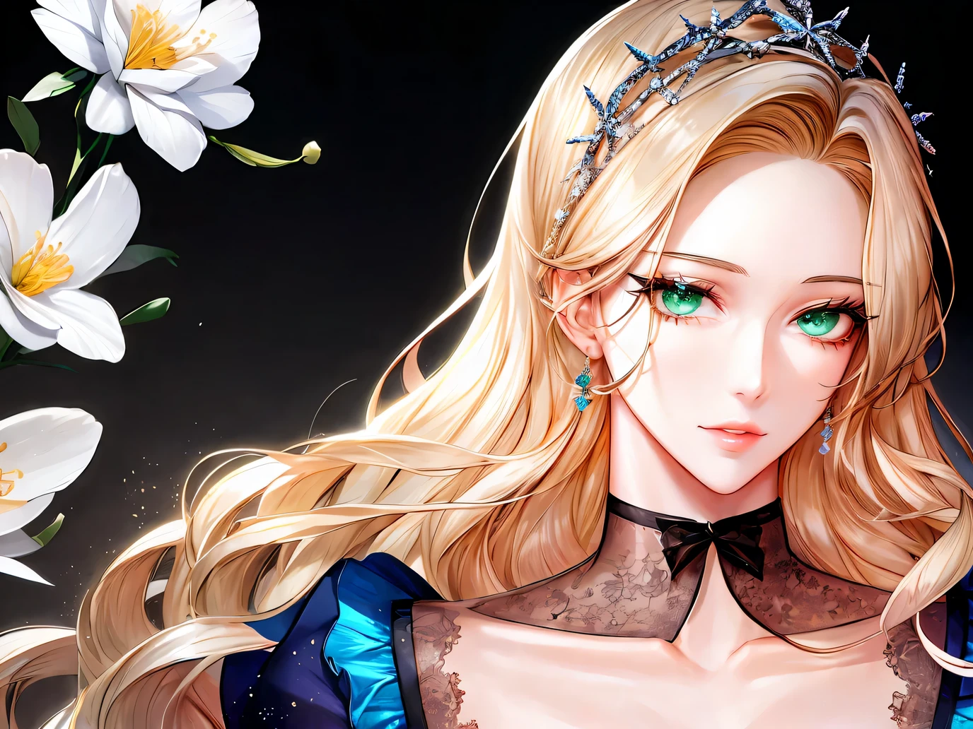 shoujo-style, Floral background, Romance Manfa, 1girl in, Blonde hair, Solo, Long hair, flower, Dress, tiarra, white Dress, gloves, Long sleeves, Choker, Green eyes, mascara, makeup, white gloves, black Bow, black flower, Wavy Hair, Bow, Jewelry, Looking at Viewer, White background, 鎖骨, Puffy sleeves, Silver Accessories, Upper body, parted Bangs, very Long hair, blue Dress, frilld, Bangs, Closed mouth, Detailed eyes, (close up), gleaming skin, shiny glossy skin