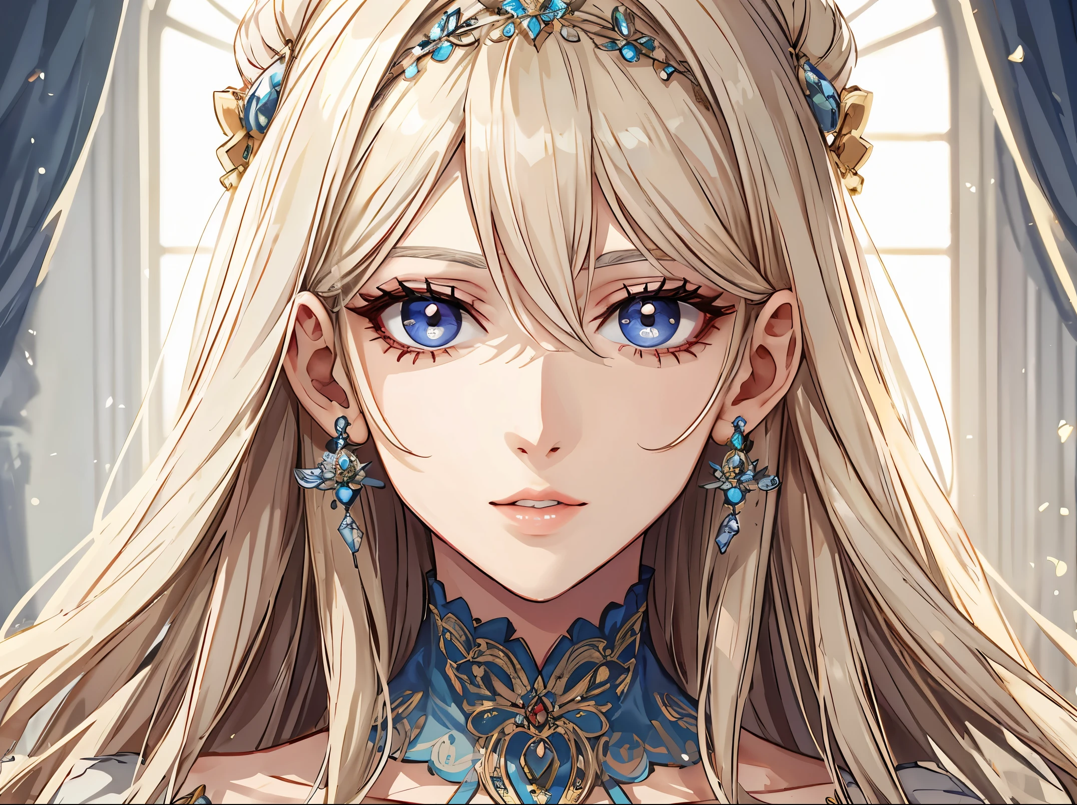 fantasy-style, (extremely delicate and beautiful:1.2), 8k,(masterpiece:1.0),(best_quality:1.0), 1girl, mature woman, complex details, enlarged textures, complex details, finely detailed eyes and detailed face, intricate details, platinum-blonde hair, royal dress, (closed mouth), perfect eyes, equal eyes, light smile, (goddess)