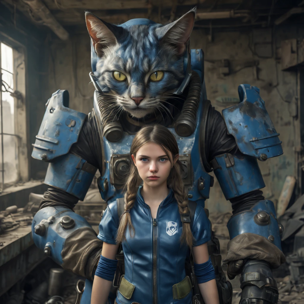 European girl wearing (vaultsuit with pipboy3000 on wrist) standing in a rundown rusty post apocalyptic steel bunker, holding a weapon in her right hand, giant fallout monster in fallout armor with giant cat's head in background, professionally color graded, professional photography, well drawn, masterpiece, hyper realistic, ultra detailed, high quality, best quality, 4k, 8k, raw, detailed and realistic eyes, petite, , )) ((wearing long leather gloves cover all her fingers)), , wearing cats ears, highly detailed, vibrant,8k Ultra HD