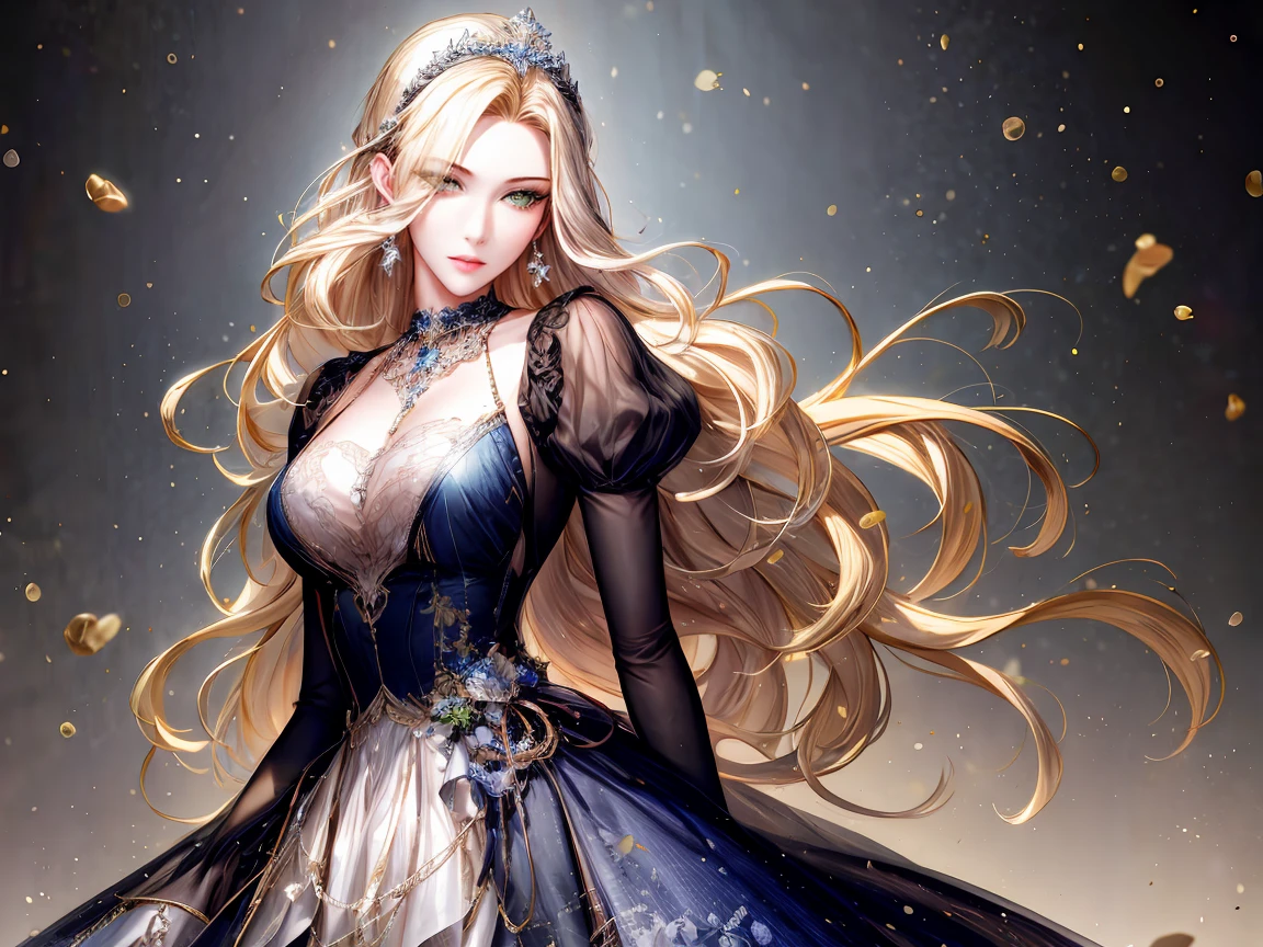 shoujo-style, (floral background, romance manhwa), 1girl, blonde hair, solo, long hair, flower, dress, tiara, white dress, gloves, long sleeves, choker, green eyes, mascara, makeup, white gloves, black bow, black flower, wavy hair, bow, jewelry, looking at viewer, white background, collarbone, puffy sleeves, silver accessories, cowboy shot, parted bangs, very long hair, blue dress, frills, bangs, closed mouth, detailed eyes, sparkle