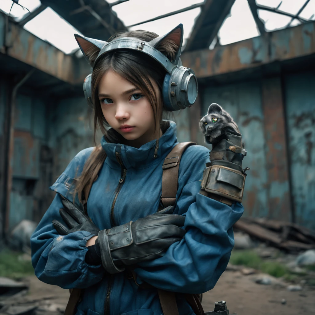 European girl wearing (vaultsuit with pipboy3000 on wrist) standing in a rundown rusty post apocalyptic steel bunker, holding a weapon in her right hand, giant fallout monster in background, professionally color graded, professional photography, well drawn, masterpiece, hyper realistic, ultra detailed, high quality, best quality, 4k, 8k, raw, detailed and realistic eyes, petite, 13 years old, loli)) ((wearing long leather gloves cover all her fingers)), , wearing cats ears, highly detailed, vibrant,8k Ultra HD