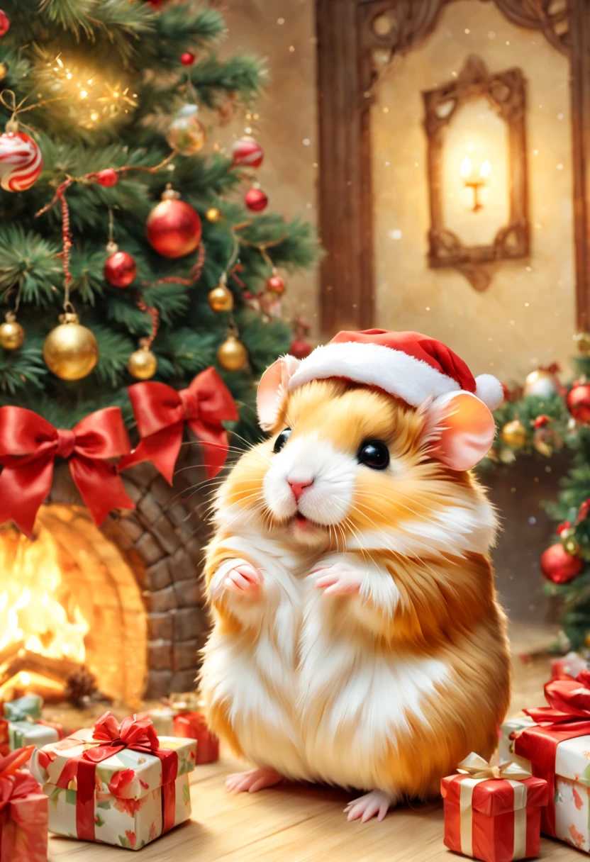 (Christmasパーティ会場:Christmas Decorations),inside in room,Christmas tree,ceiling decoration:Christmas,candy:Christmas,(hamster christmas party),(ダンシングhamster:party attire:dance:pulling the hands up:Opening Mouth:cute little:A delightful:Joy:glad),hamster達,​masterpiece,top-quality,Fluffy hamsters,Christmas,A delightful,tre anatomically correct,The cutest hamster,colourfull,hamster,bow ribbon:red and green,kirakira,Star ornament,fireplace,Fantasia,randolph caldecott style,illustratio,watercolor paiting,今日はA delightfulChristmasパーティです,最高に素敵なChristmas会場の飾りつけ