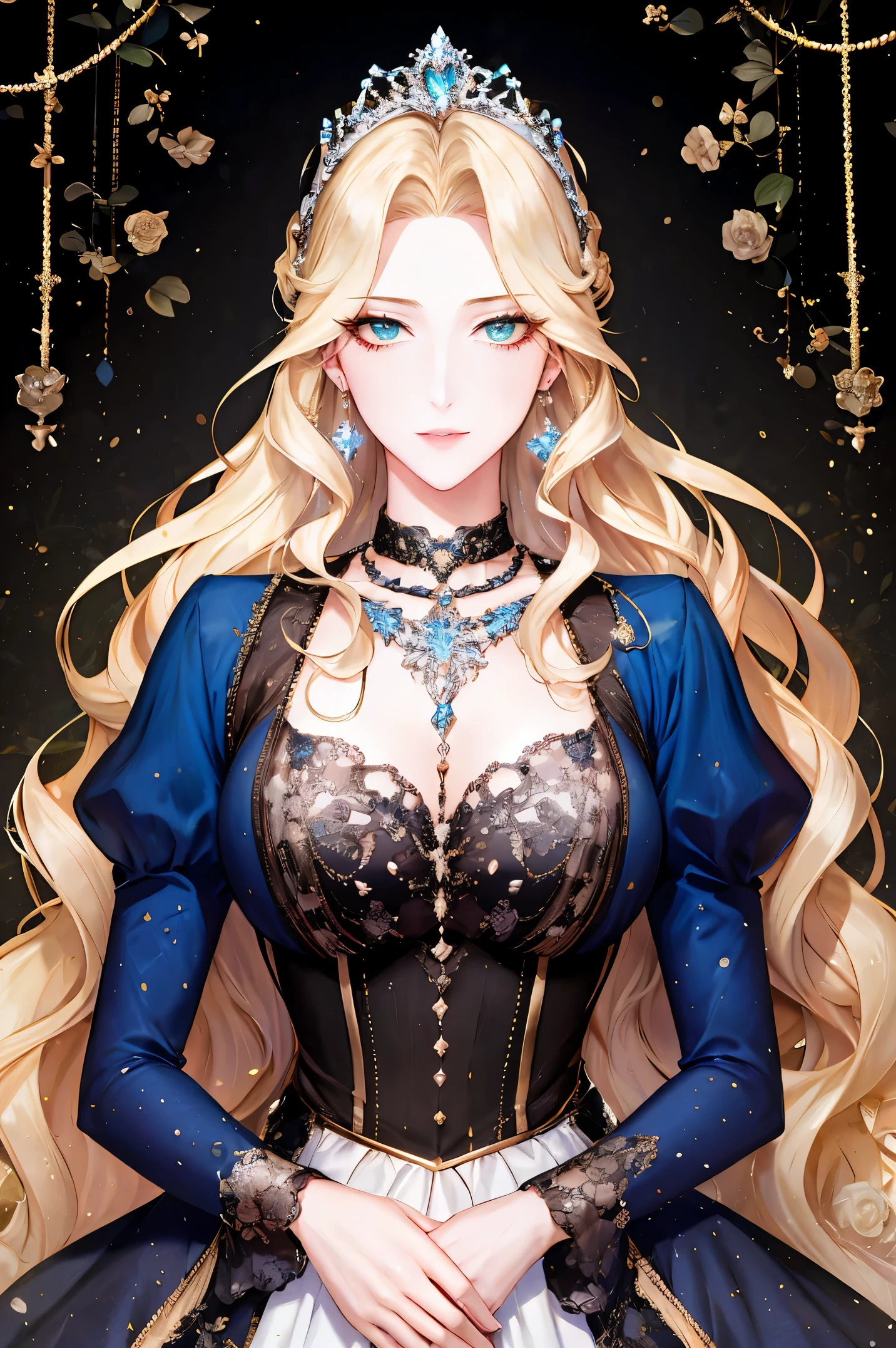 shoujo-style, (floral background, romance manhwa), 1girl, blonde hair, solo, long hair, flower, dress, tiara, white dress, gloves, long sleeves, choker, green eyes, mascara, makeup, white gloves, black bow, black flower, wavy hair, bow, bra, jewelry, looking at viewer, white background, collarbone, puffy sleeves, silver accessories, upper body, parted bangs, very long hair, blue dress, frills, bangs, closed mouth, detailed eyes, sparkle