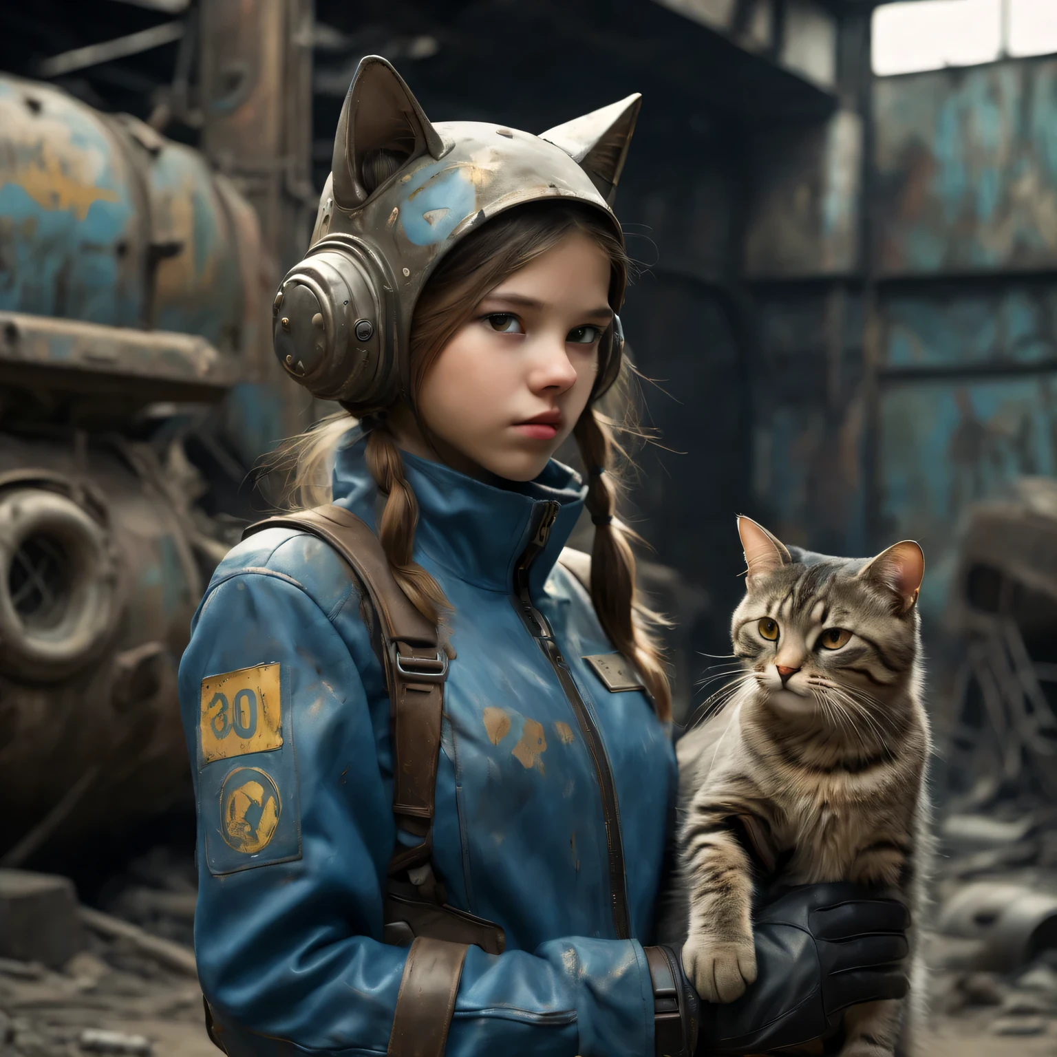 European girl wearing (vaultsuit with pipboy3000 on wrist) standing in a rundown rusty post apocalyptic steel bunker, holding a weapon in her right hand, giant fallout cat in fallout armor in background, professionally color graded, professional photography, well drawn, masterpiece, hyper realistic, ultra detailed, high quality, best quality, 4k, 8k, raw, detailed and realistic eyes, petite, 13 years old, )) ((wearing long leather gloves cover all her fingers)), , wearing cats ears, highly detailed, vibrant,8k Ultra HD