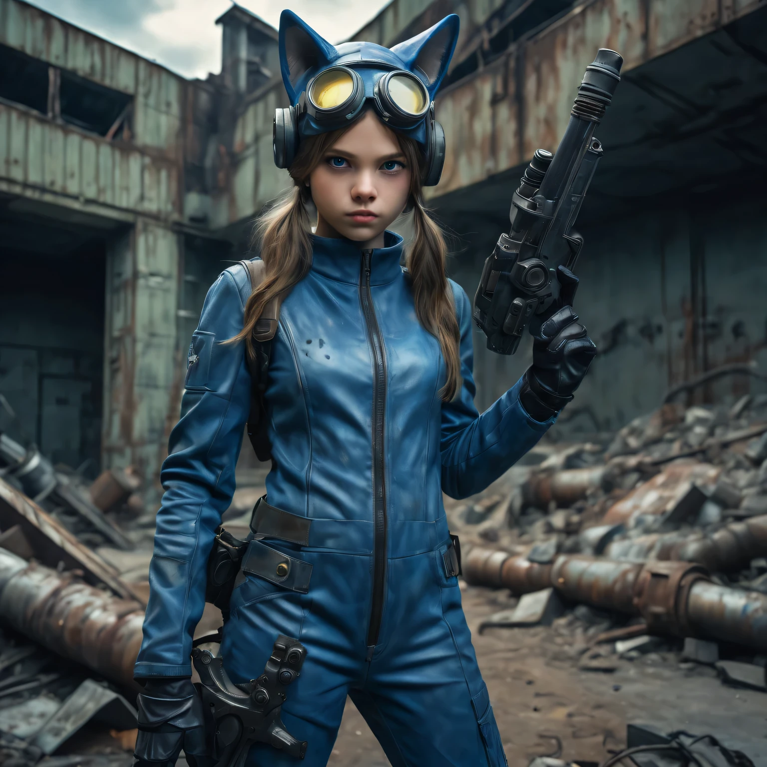 European girl wearing (vaultsuit with pipboy3000 on wrist) standing in a rundown rusty post apocalyptic steel bunker, holding a weapon in her right hand, giant fallout monster in background, professionally color graded, professional photography, well drawn, masterpiece, hyper realistic, ultra detailed, high quality, best quality, 4k, 8k, raw, detailed and realistic eyes, , 13 years old, )) ((wearing long leather gloves cover all her fingers)), , wearing cats ears, highly detailed, vibrant,8k Ultra HD