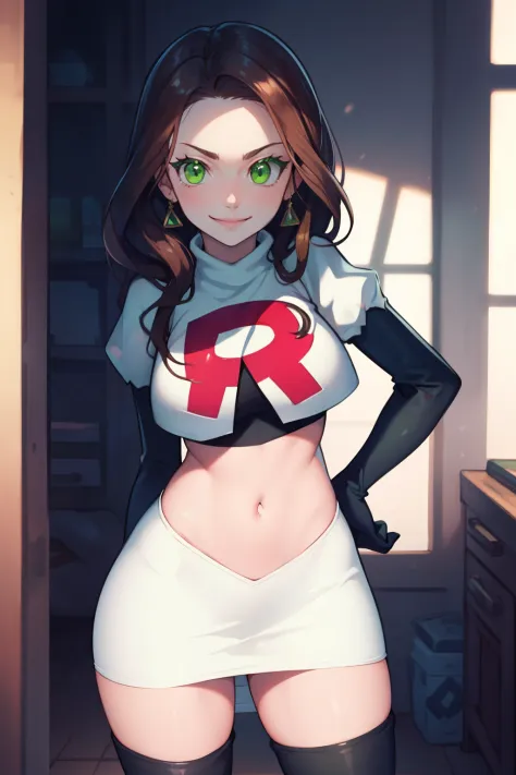 dorothea, green eyes, glossy lips ,team rocket,team rocket uniform, red letter R, white skirt,white crop top,black thigh-high boots, black elbow gloves , looking at viewer, evil smile