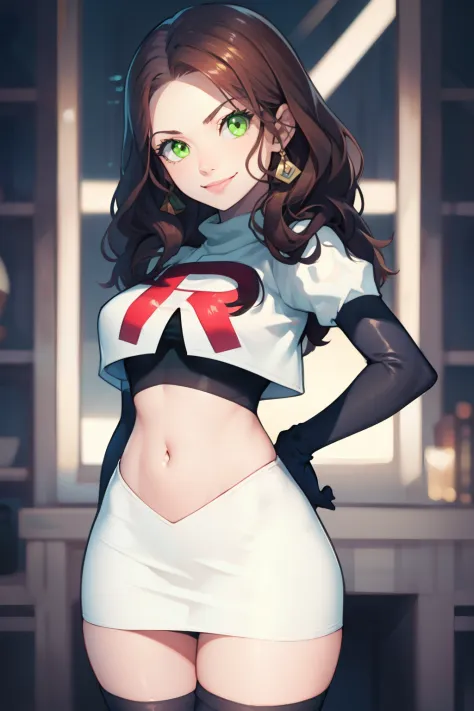 dorothea, green eyes, glossy lips ,team rocket,team rocket uniform, red letter R, white skirt,white crop top,black thigh-high boots, black elbow gloves , looking at viewer, evil smile