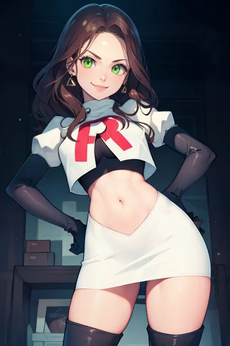 dorothea, green eyes, glossy lips ,team rocket,team rocket uniform, red letter R, white skirt,white crop top,black thigh-high boots, black elbow gloves , looking at viewer, evil smile, hands on hips