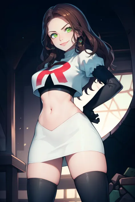 dorothea, green eyes, glossy lips ,team rocket,team rocket uniform, red letter R, white skirt,white crop top,black thigh-high boots, black elbow gloves , looking at viewer, evil smile, arms crossed